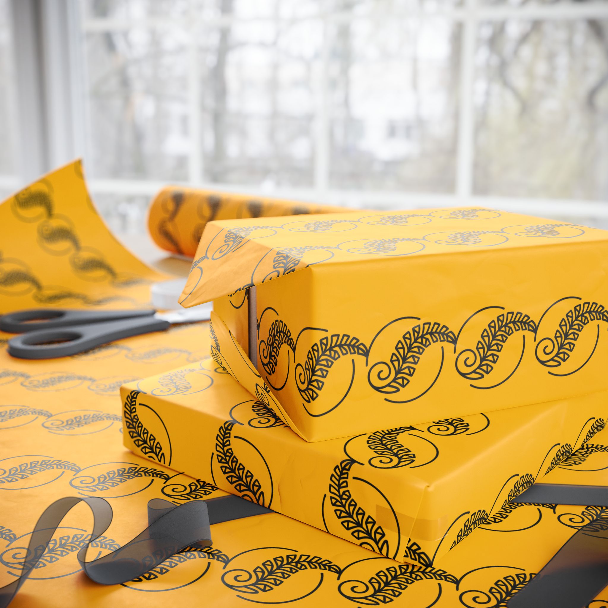 Adinkra Yellow Fern Wrapping Paper