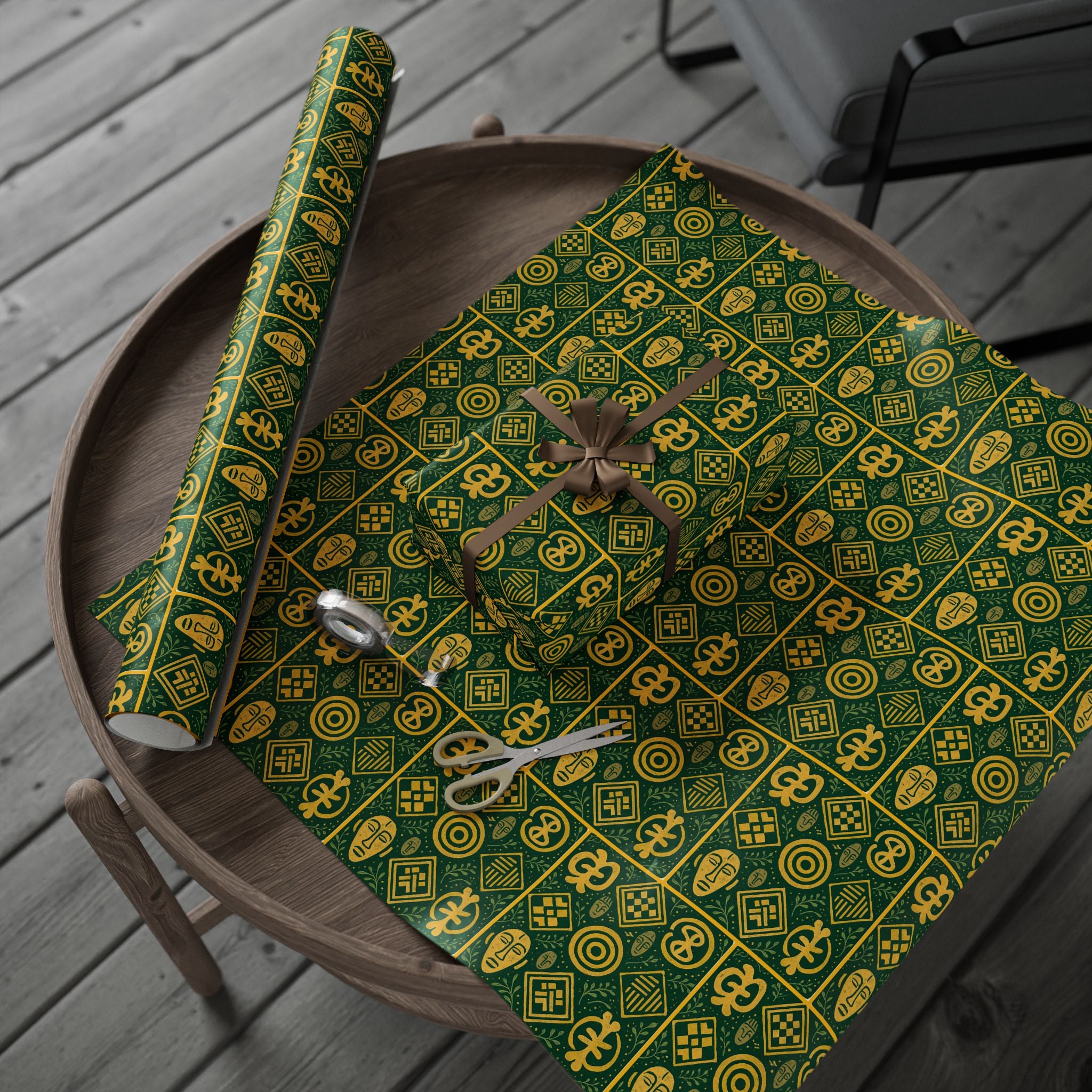 Green and Gold Adinkra Printed Wrapping Paper