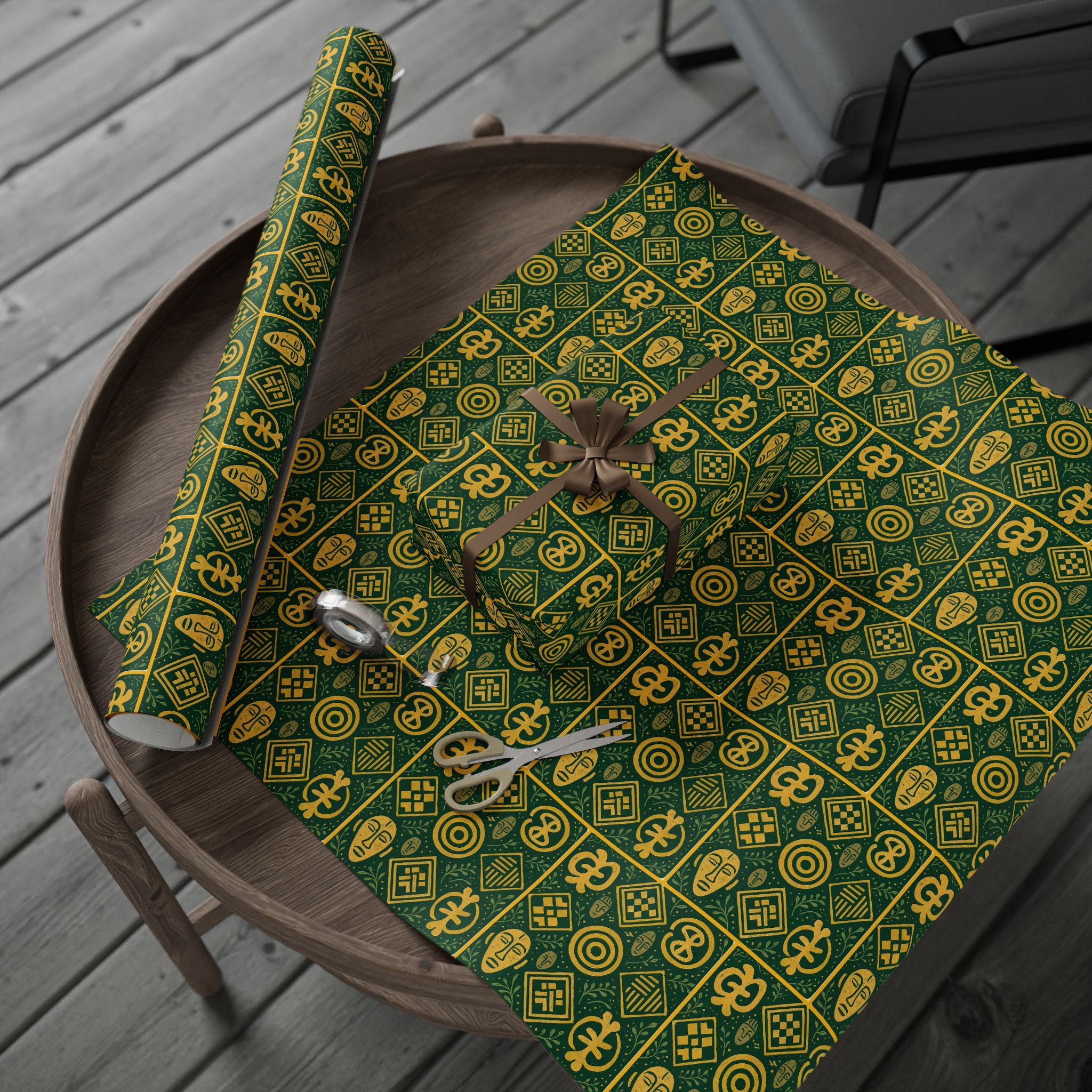 Green and Gold Adinkra Printed Wrapping Paper