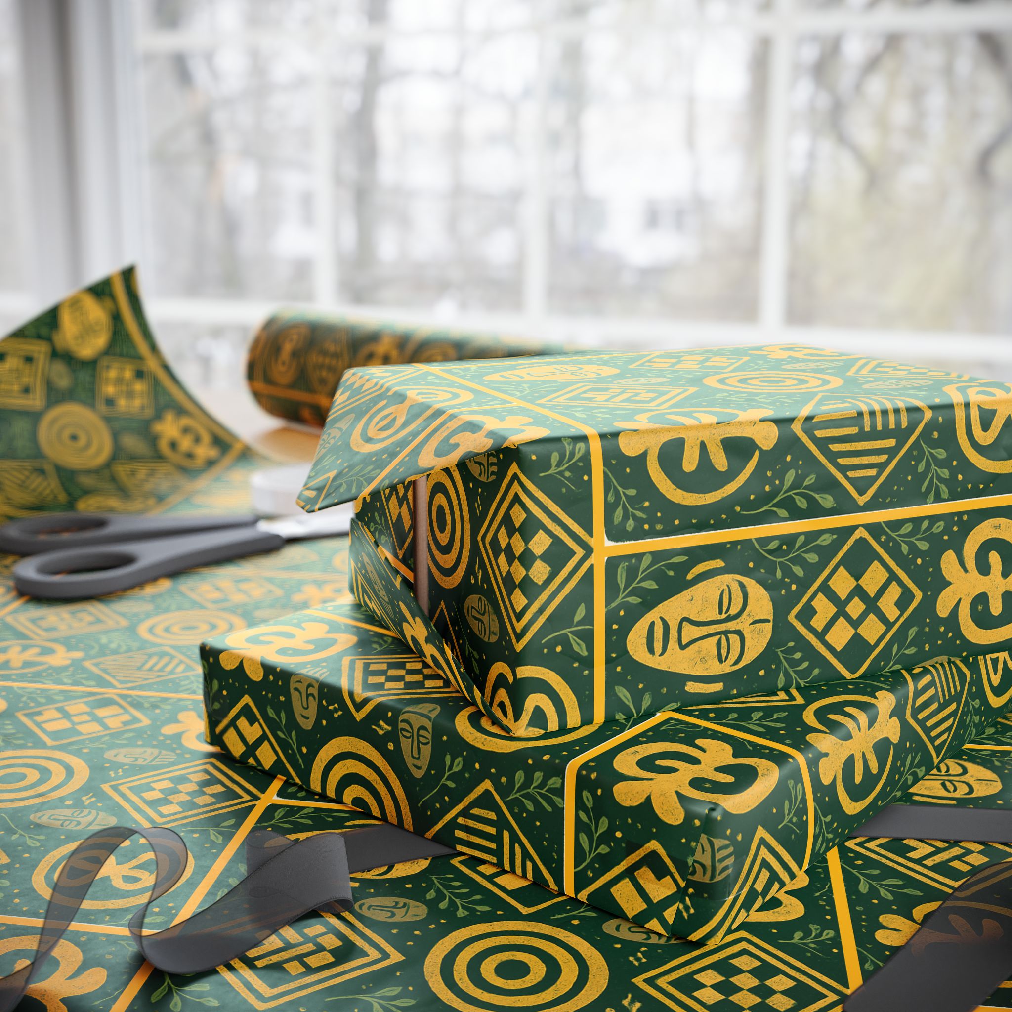 Green and Gold Adinkra Printed Wrapping Paper