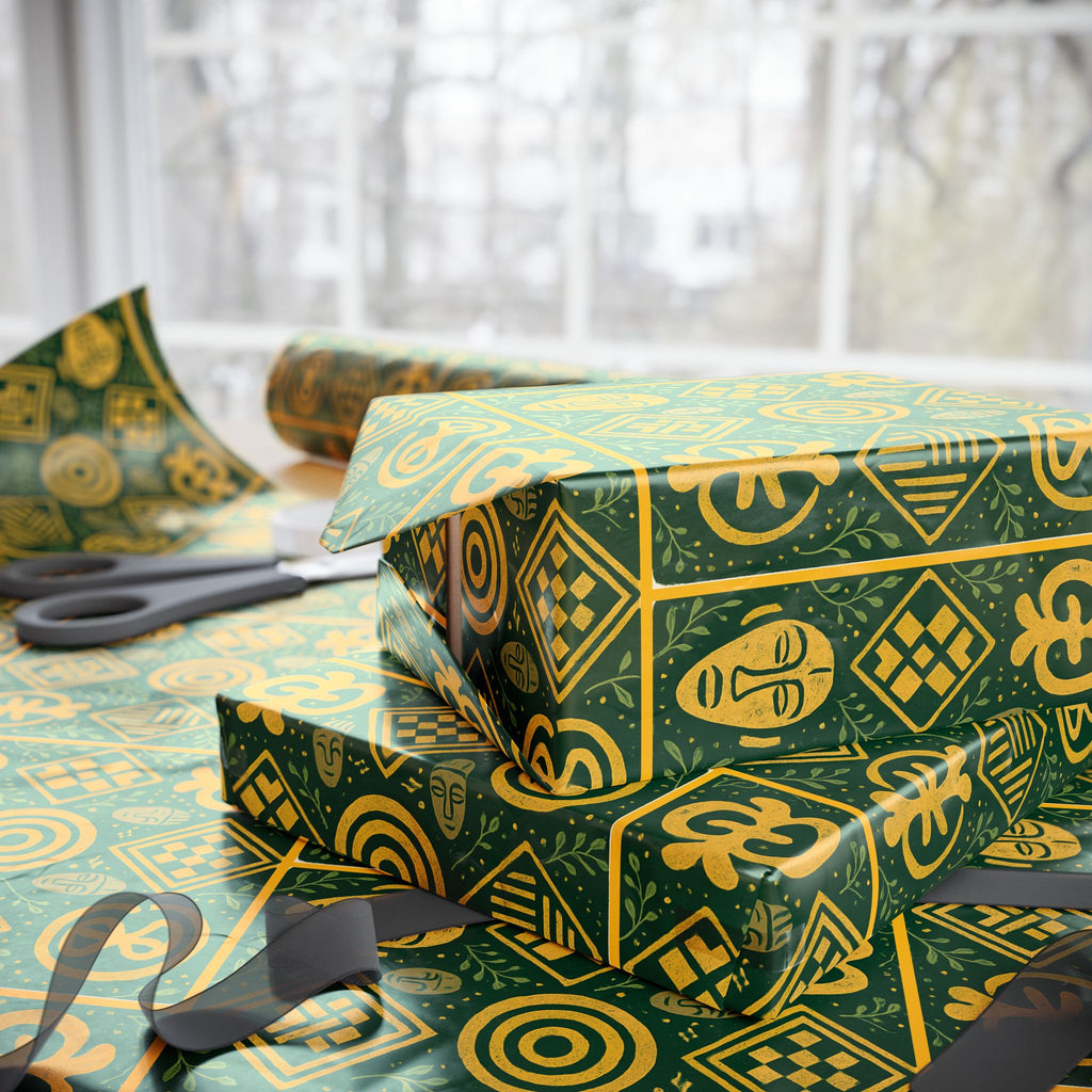 Green and Gold Adinkra Printed Wrapping Paper
