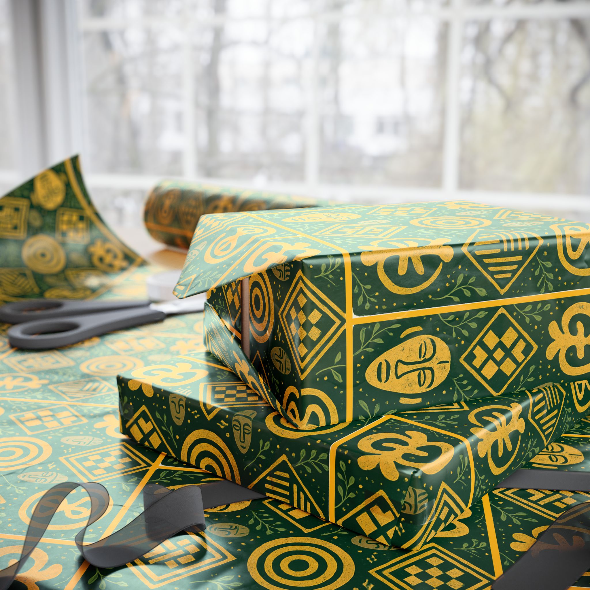 Green and Gold Adinkra Printed Wrapping Paper
