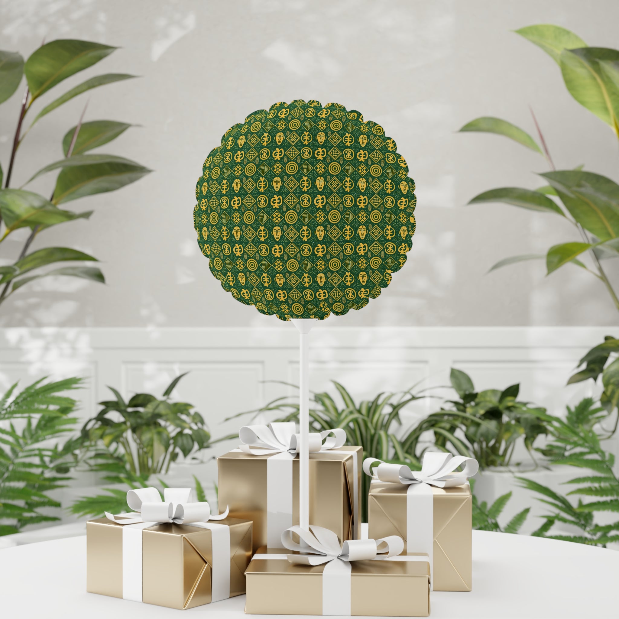 11" Decorative Balloon — Green & Gold Adinkra Pattern (Round/Heart)